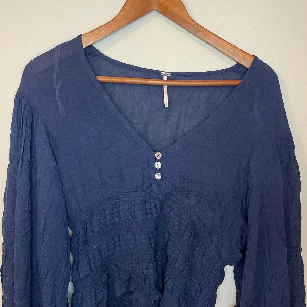 Free People Ruched‎ Puff Long Sleeve Blouse Navy Women's Size Small